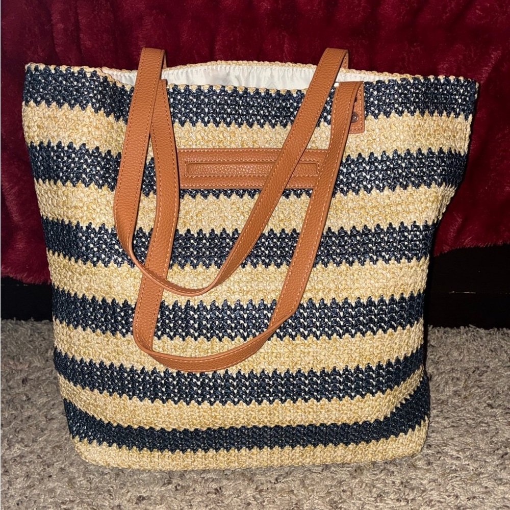 Jewell by Thirty-one  Navy Blue & Tan Striped Woven Tote Bag